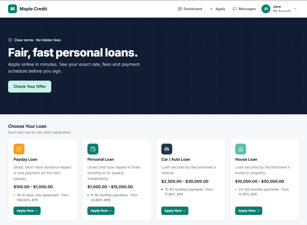 Online loan application portal for payday, personal, auto and house loans