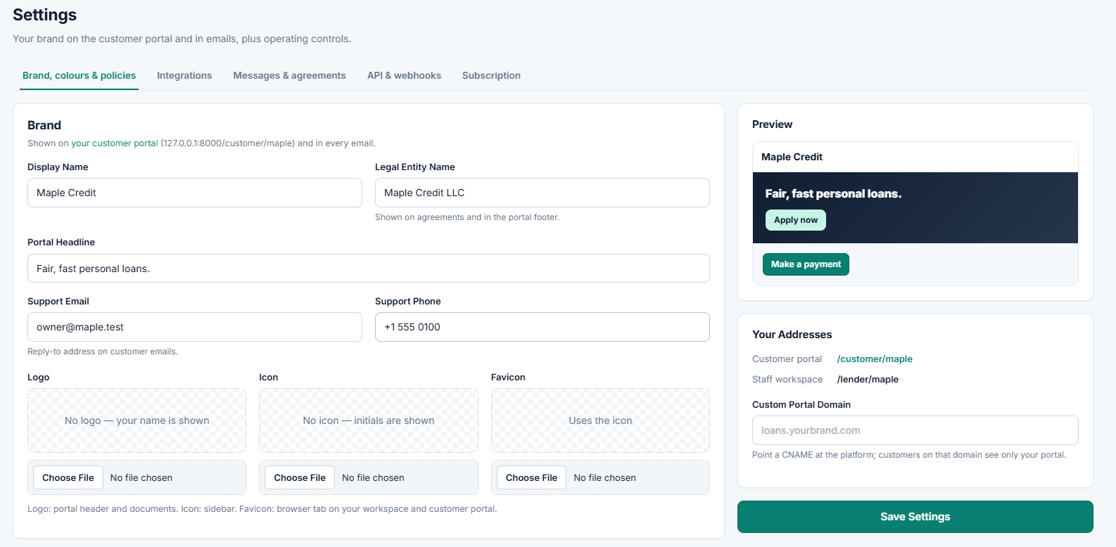 White-label lending software brand and borrower portal settings