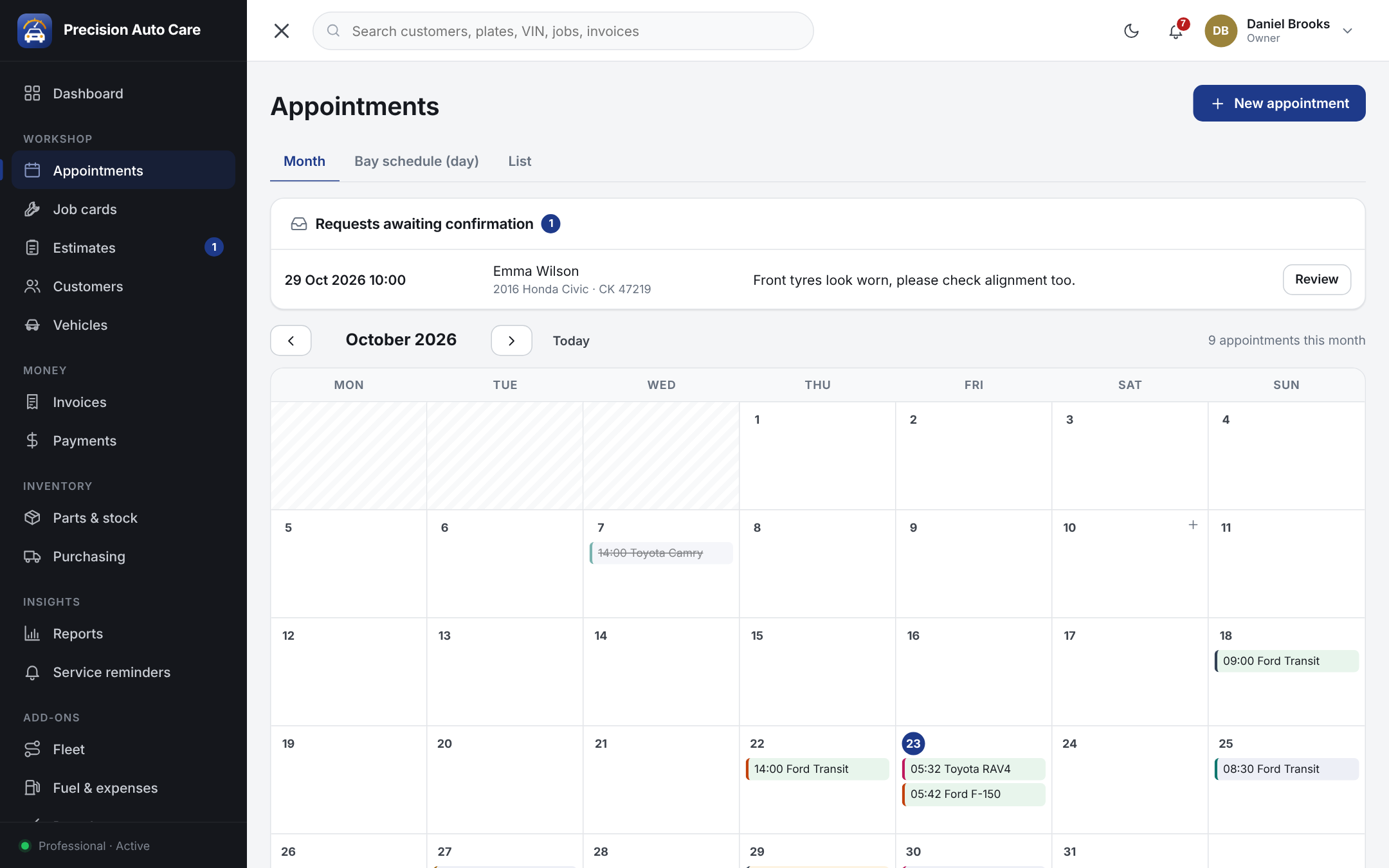 Garage appointment calendar with online booking requests awaiting confirmation