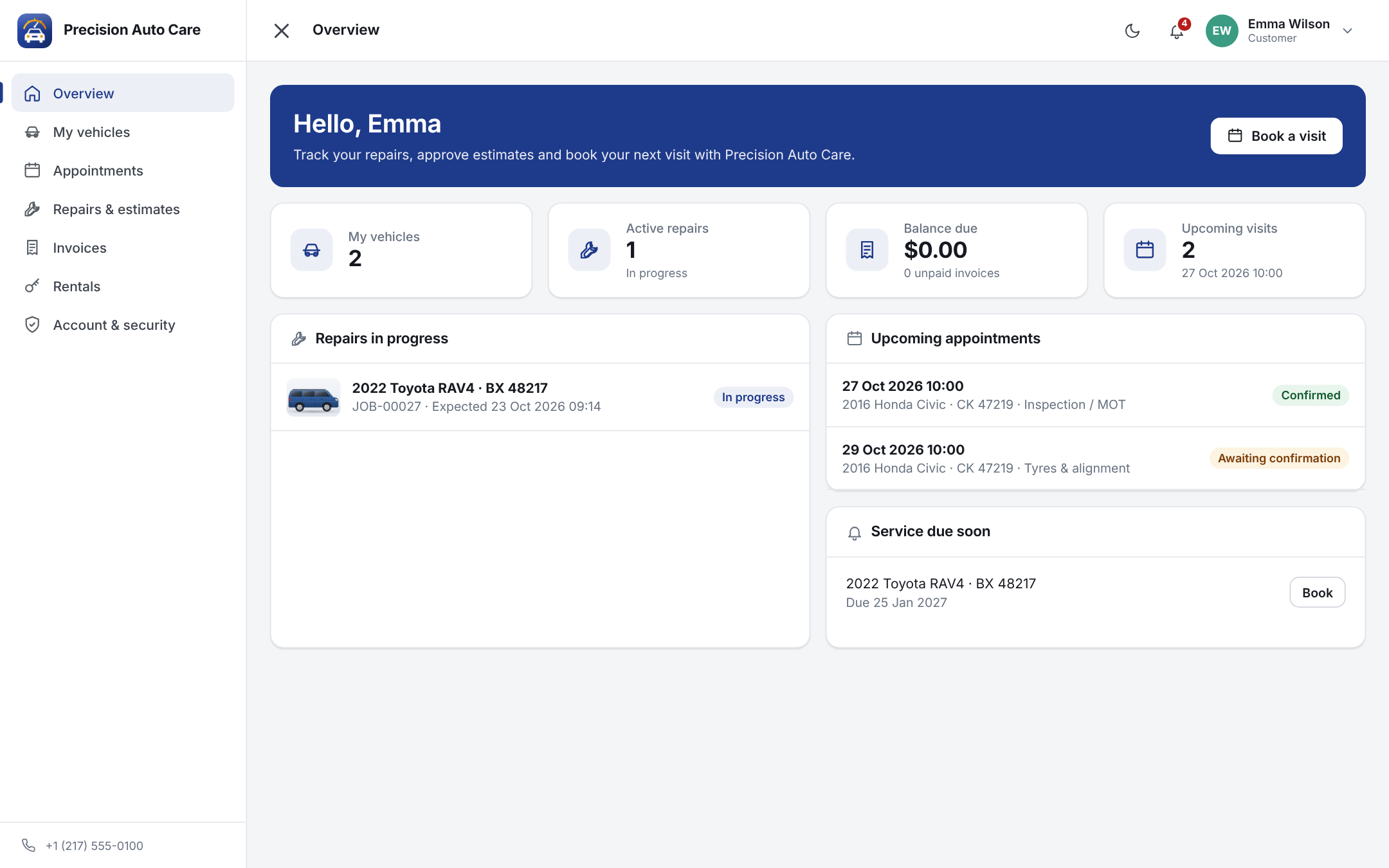 Customer portal for auto repair shops showing repairs in progress and upcoming appointments
