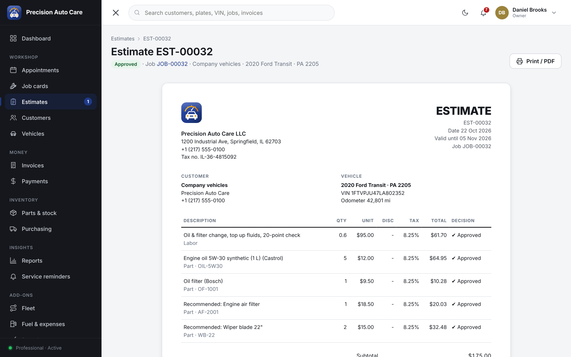 Car repair estimate software showing labour and parts lines, tax and customer approval status