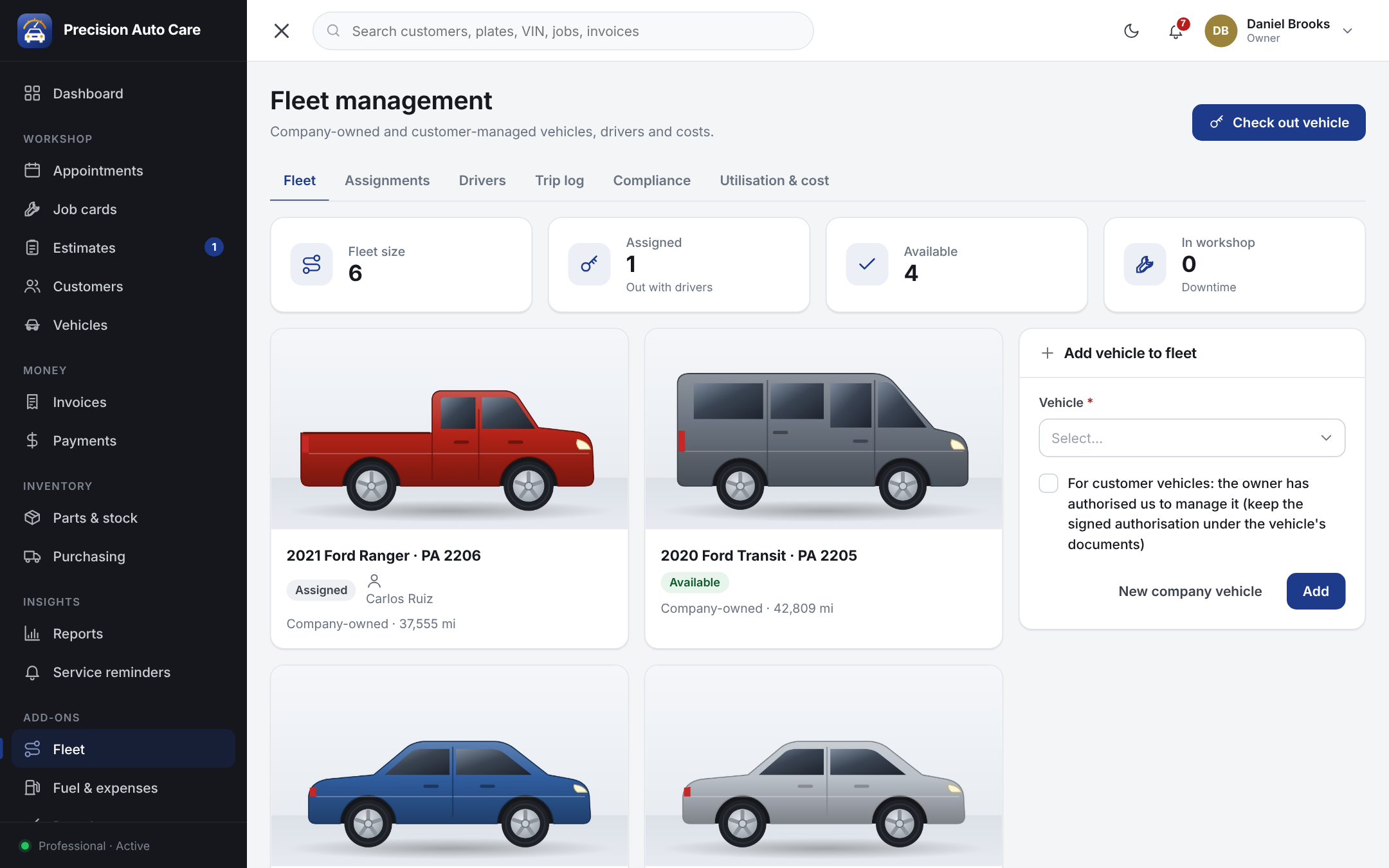 Fleet management software for company vehicles, drivers and assignments
