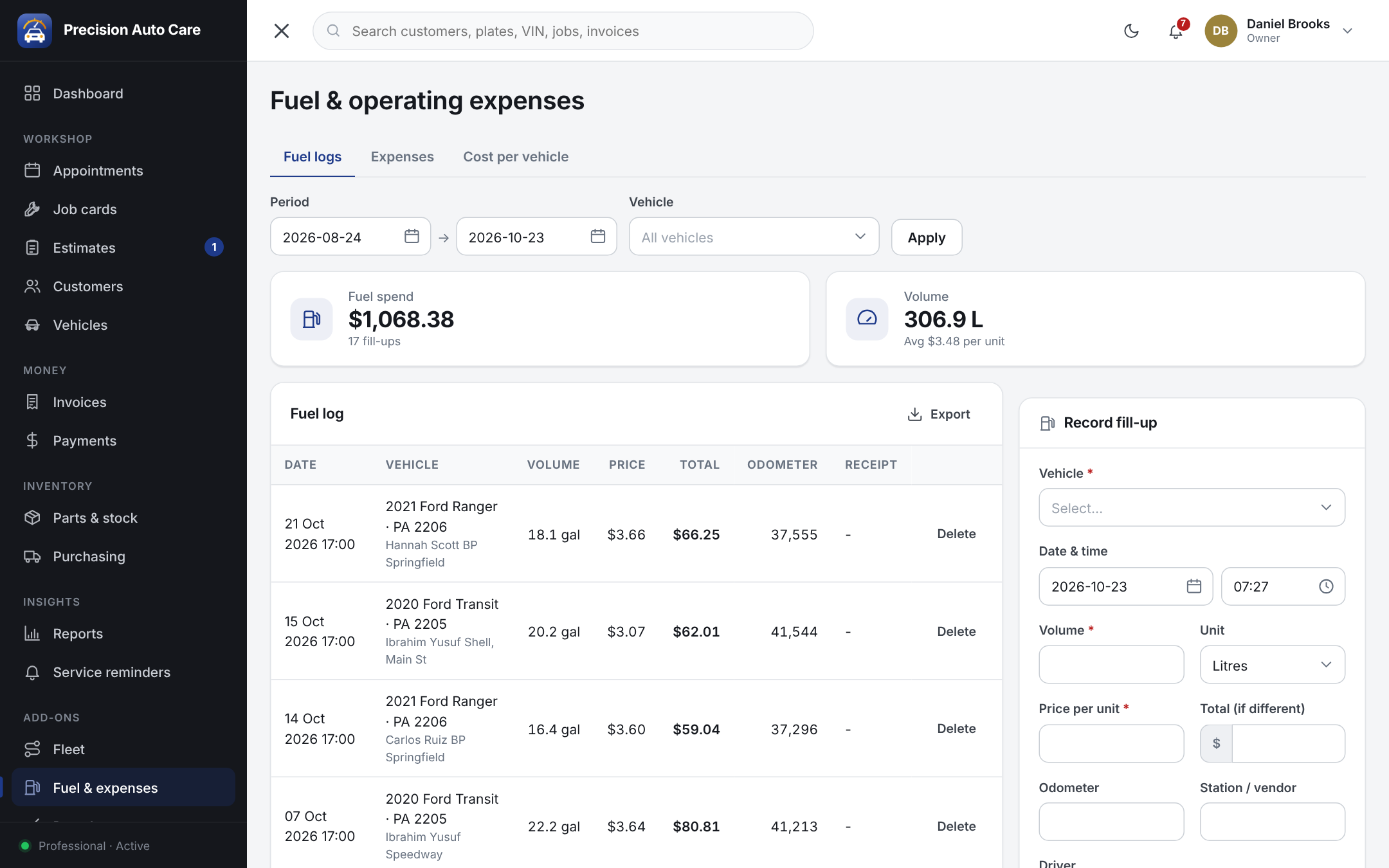 Fuel log and vehicle expense tracking software with spend and volume totals