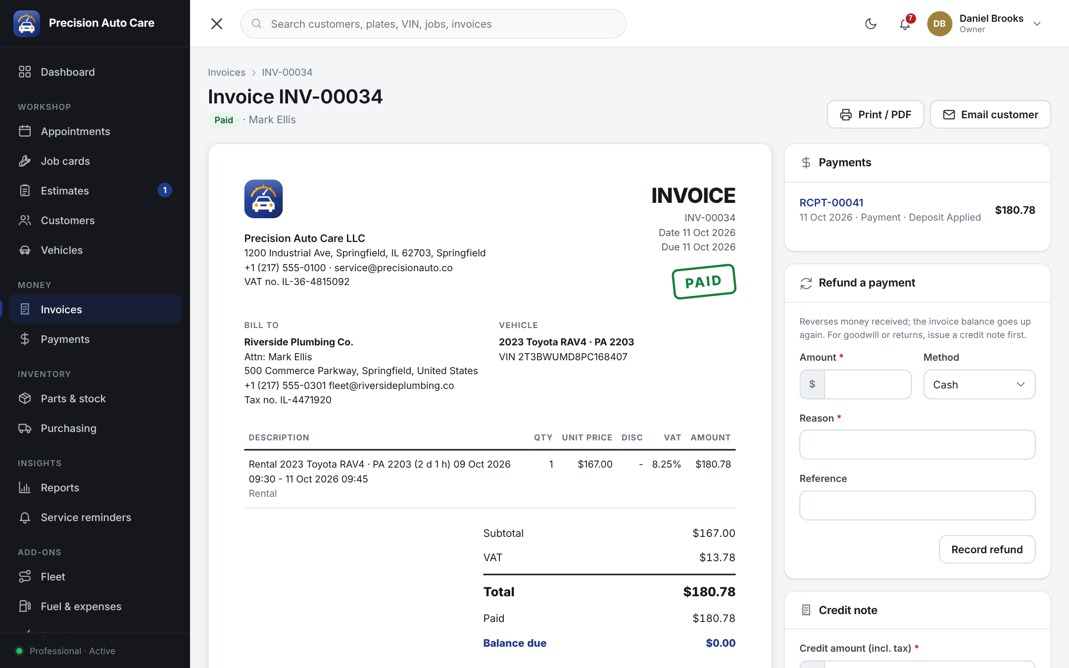 Auto repair invoice with labour and parts, tax, payments received and paid status