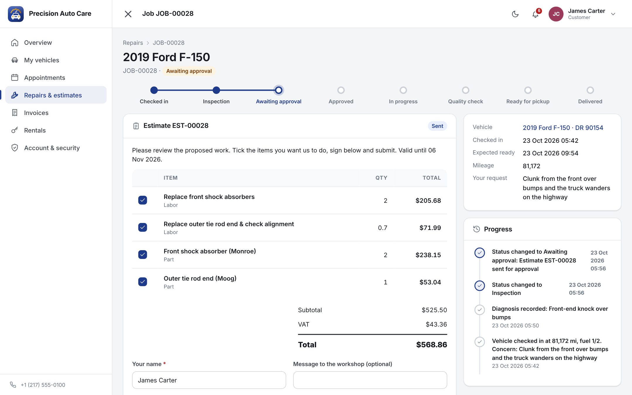 Online repair estimate approval in the customer portal with selectable repair lines and progress tracker