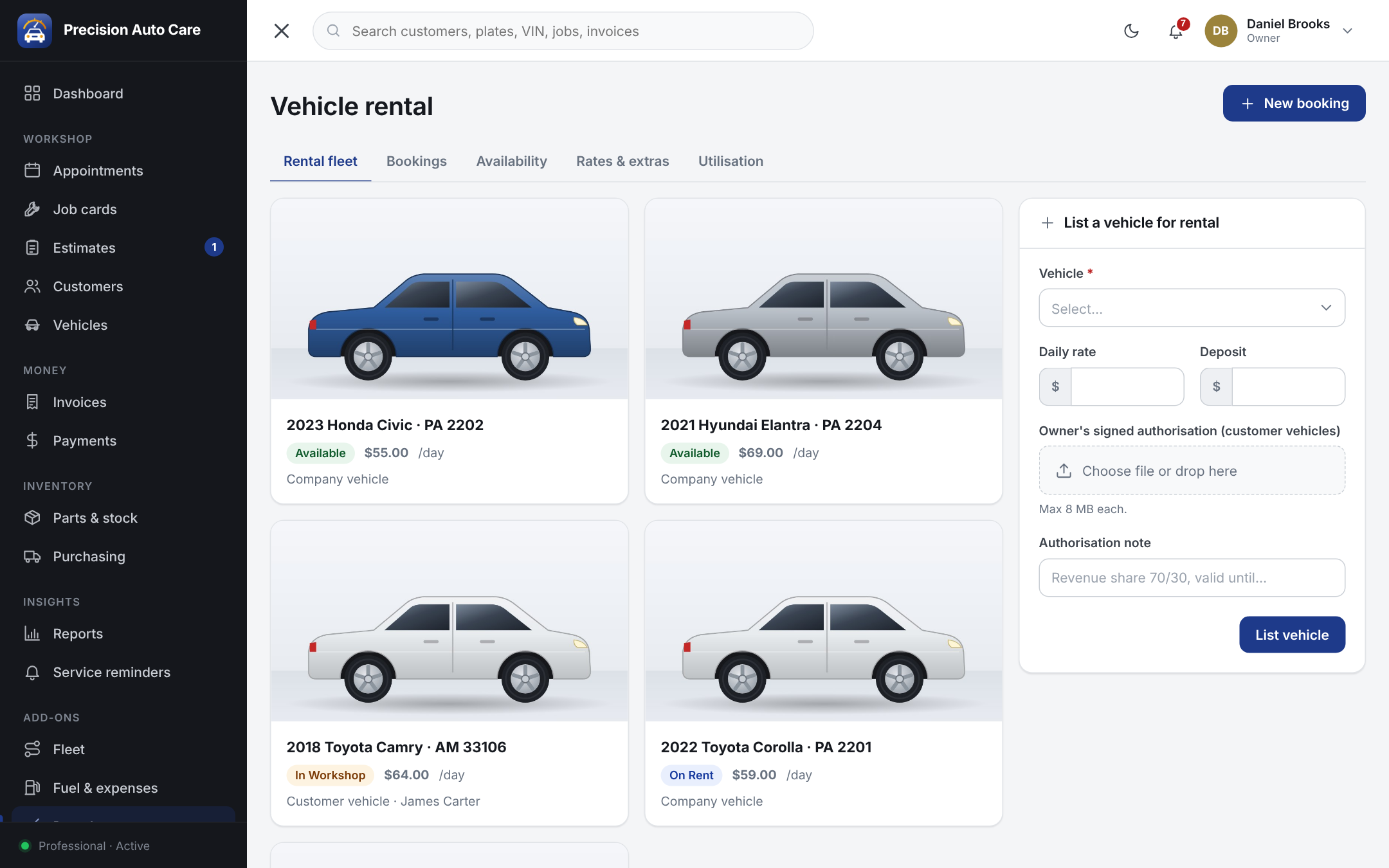 Car rental management software with rental fleet, daily rates and availability
