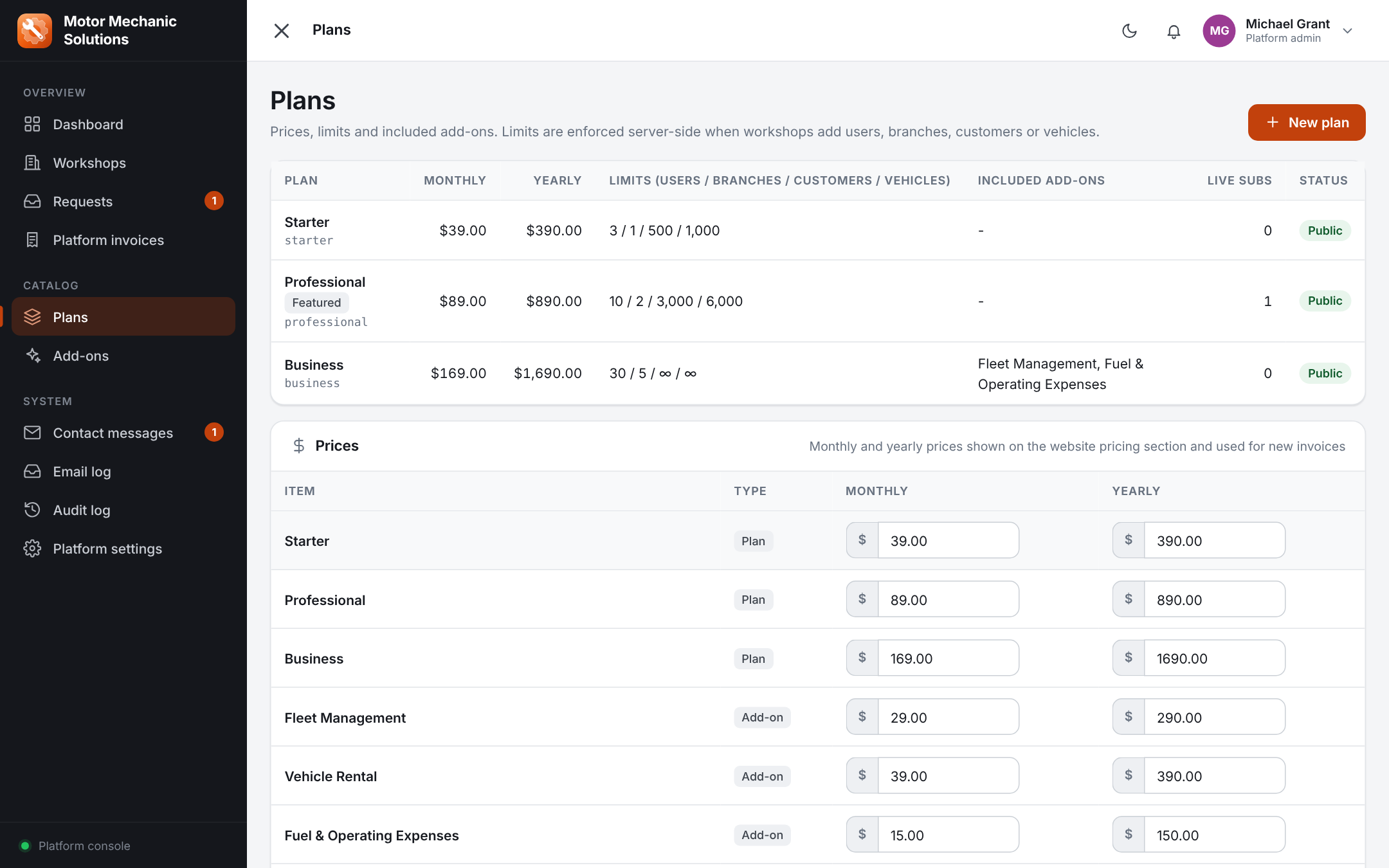 SaaS subscription plans and add-on price editor for monthly and yearly pricing