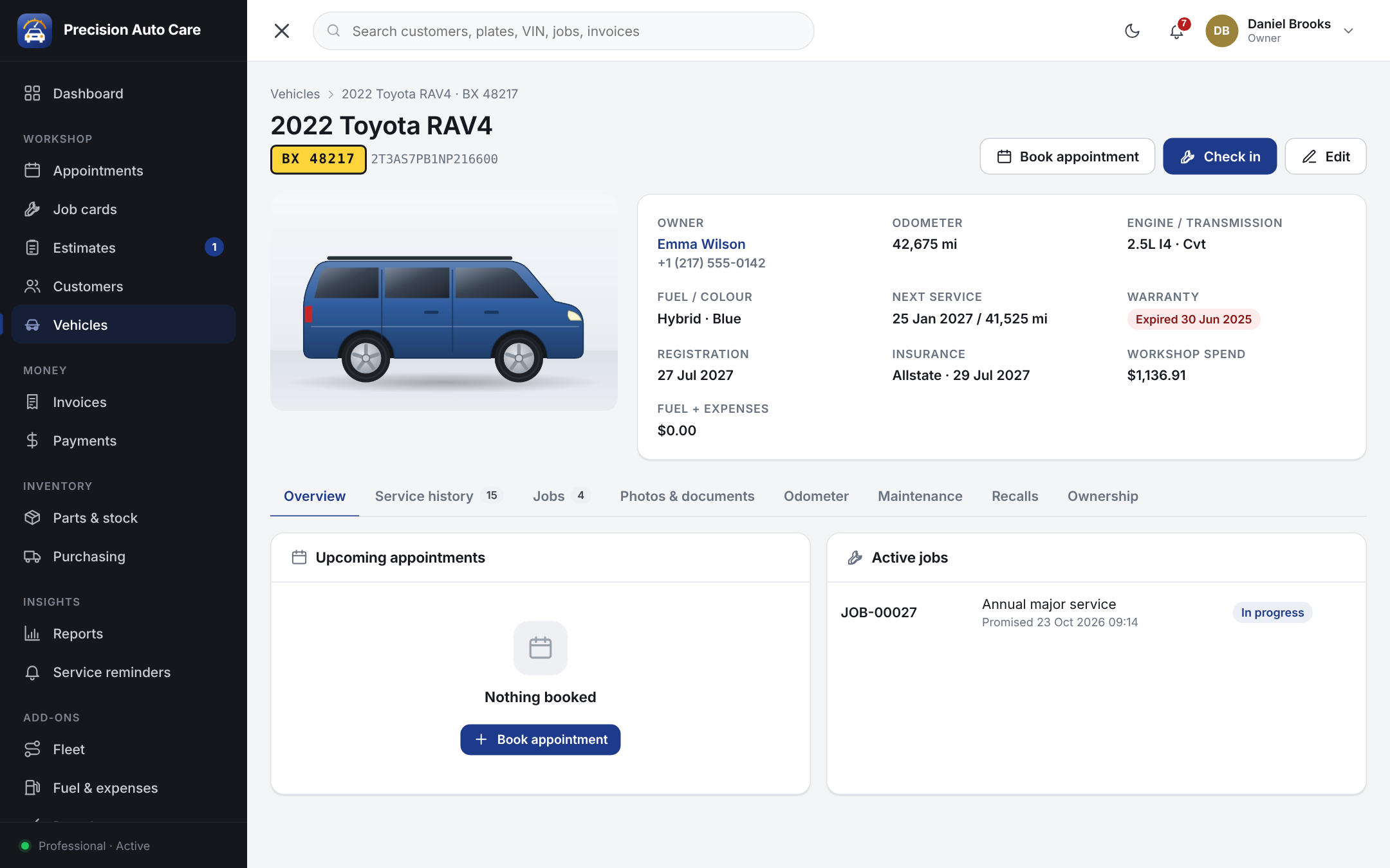 Vehicle service history record with owner, mileage, next service, insurance and workshop spend