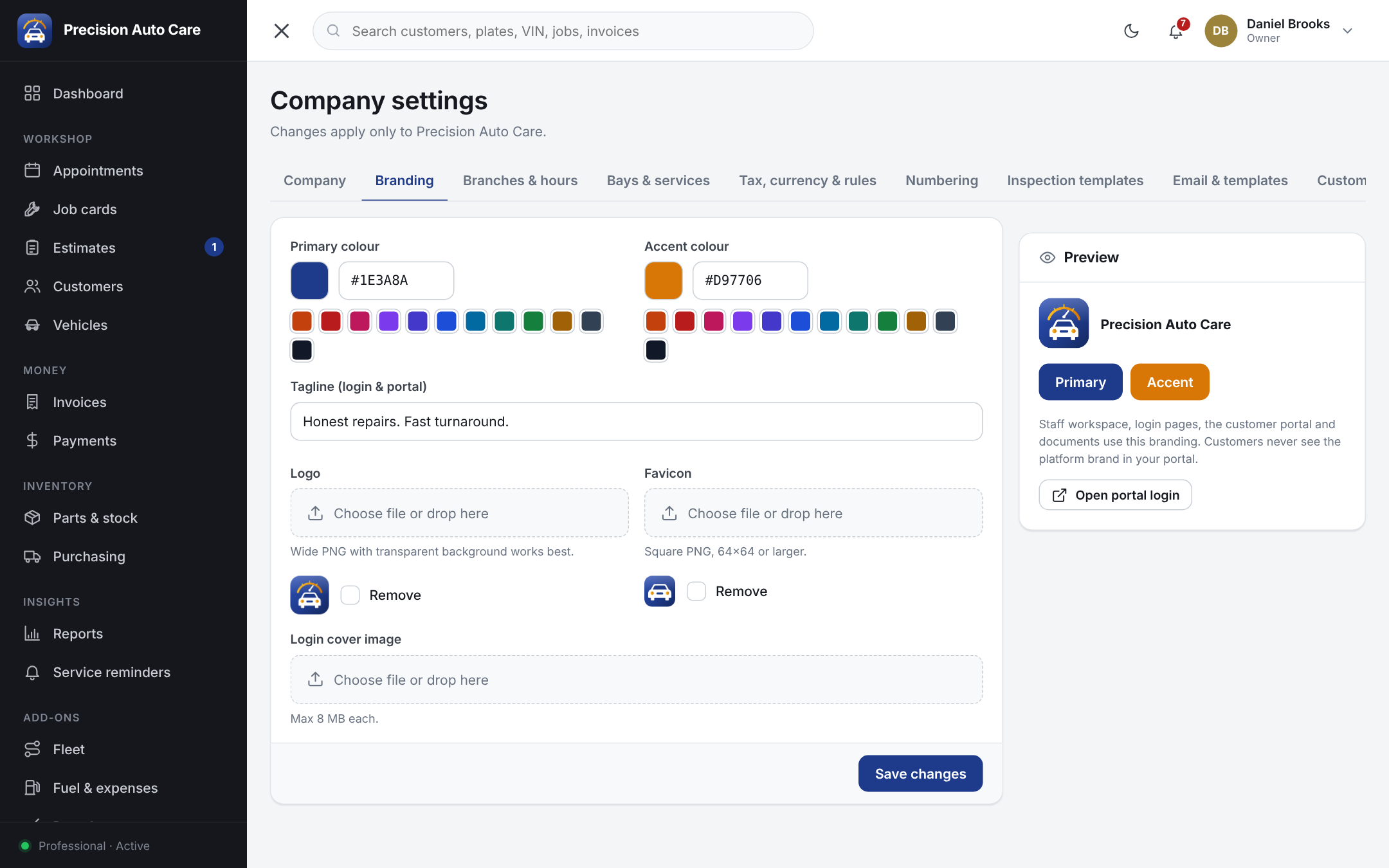 Workshop branding settings with company colours, logo and favicon for the customer portal