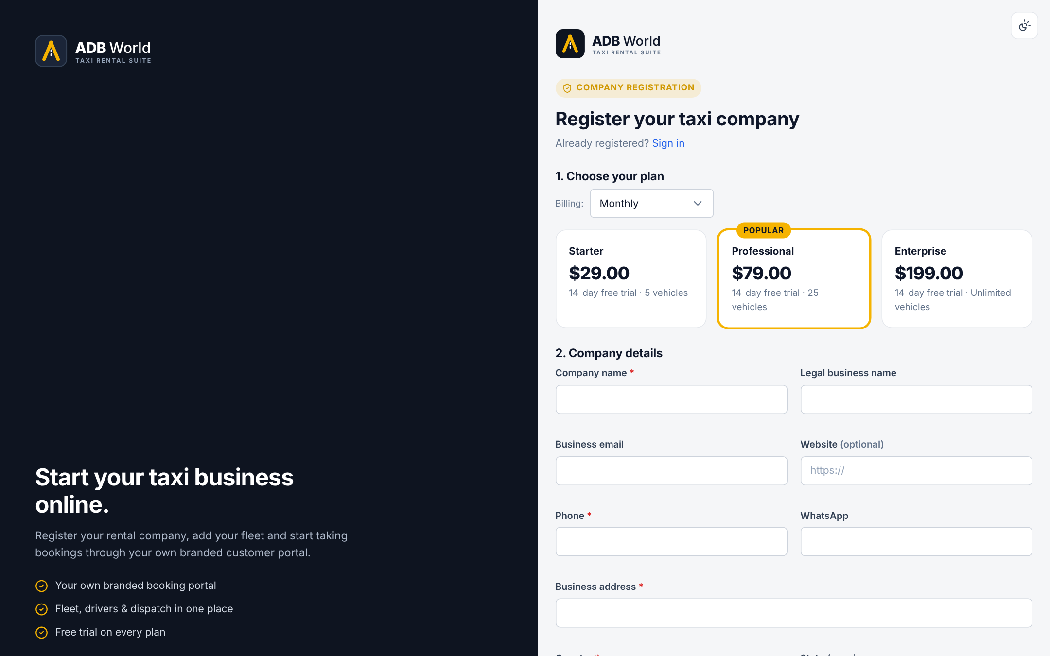 Taxi company registration page with plan selection and company details