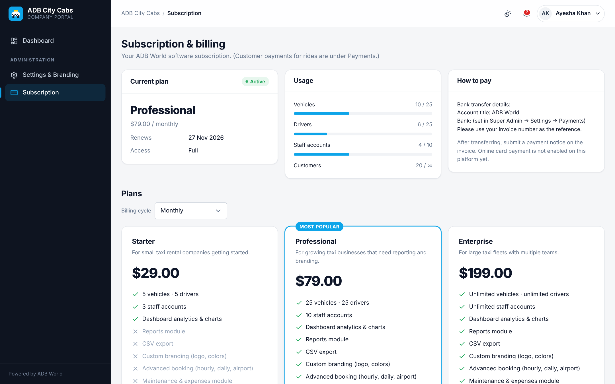 Taxi company subscription and billing page with usage and invoices